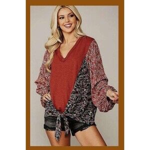 NWT Gigio Large Rust Multiprint Fabric Front Tie Oversized Tunic Top